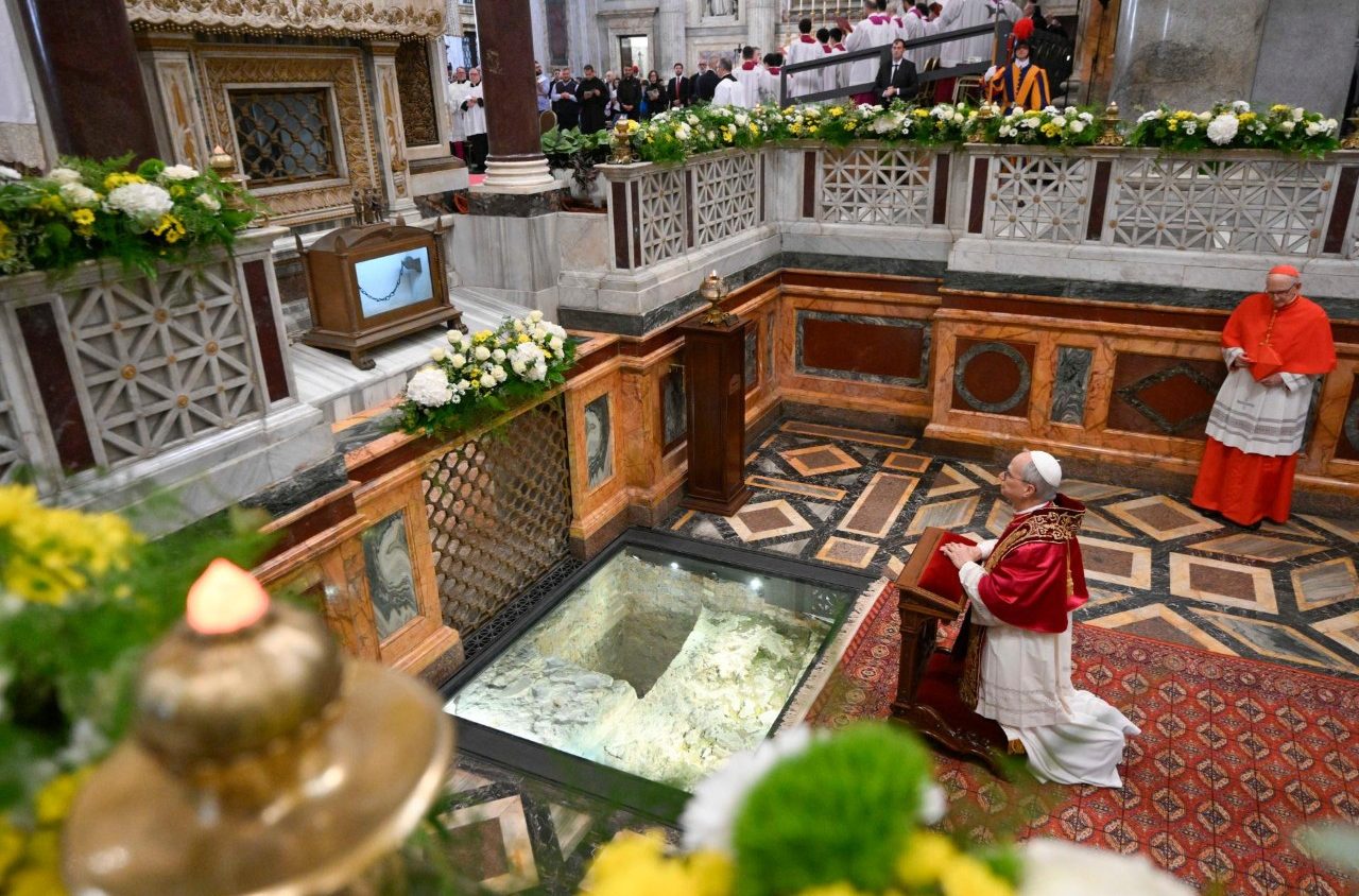 Pope Leo XIV prays at tomb of St. Paul